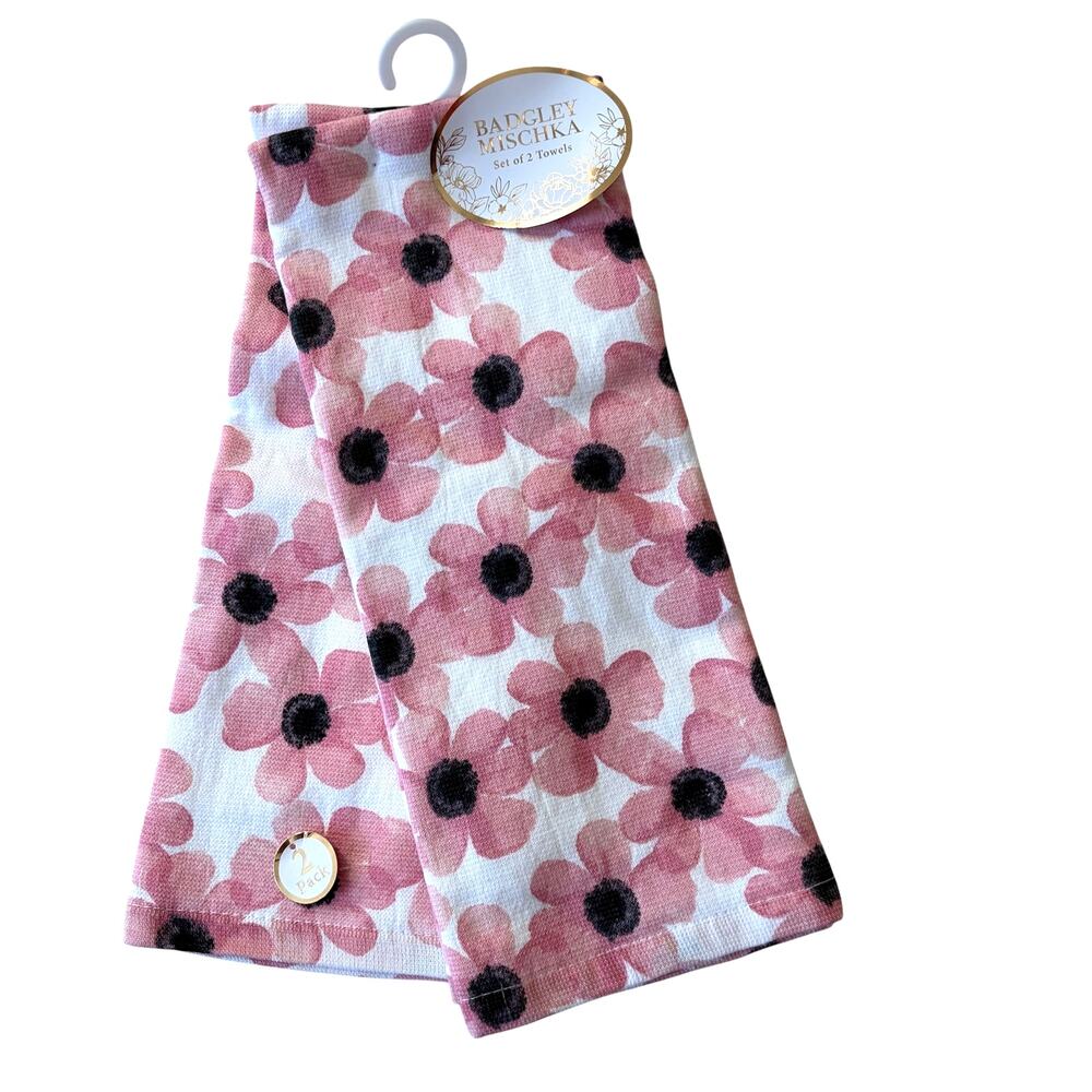Badgley Mischka Pink Daisy Kitchen Towels 2pc 100% Cotton Designer Decor NEW